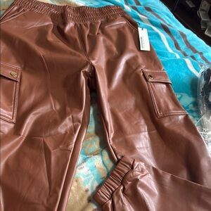 Brown Faux Leather Joggers